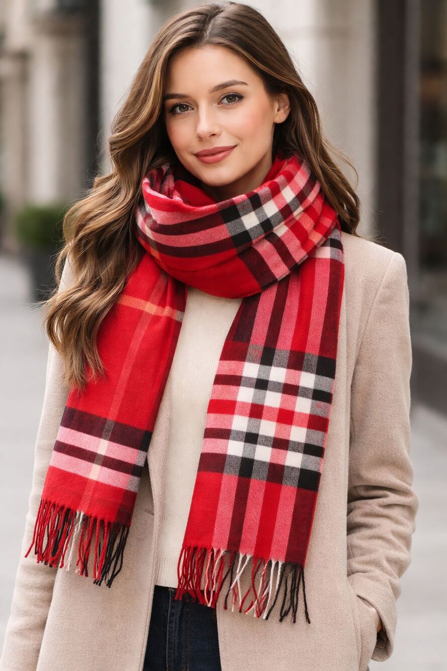 NWT V. Fraas Cashmink Blanket Wrap Scarf Red Plaid Made in Germany 74" x 23"